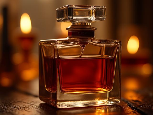 Nahaufnahme eines bernsteinfarbenen Parfüms in einem eleganten Flakon