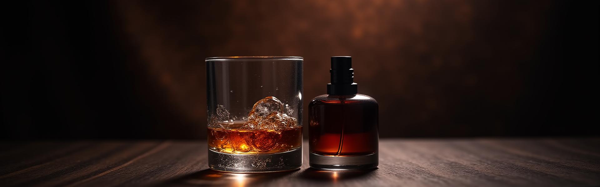 Stimmungsvolle Nahaufnahme eines Whiskyglases und eines eleganten Parfümflakons