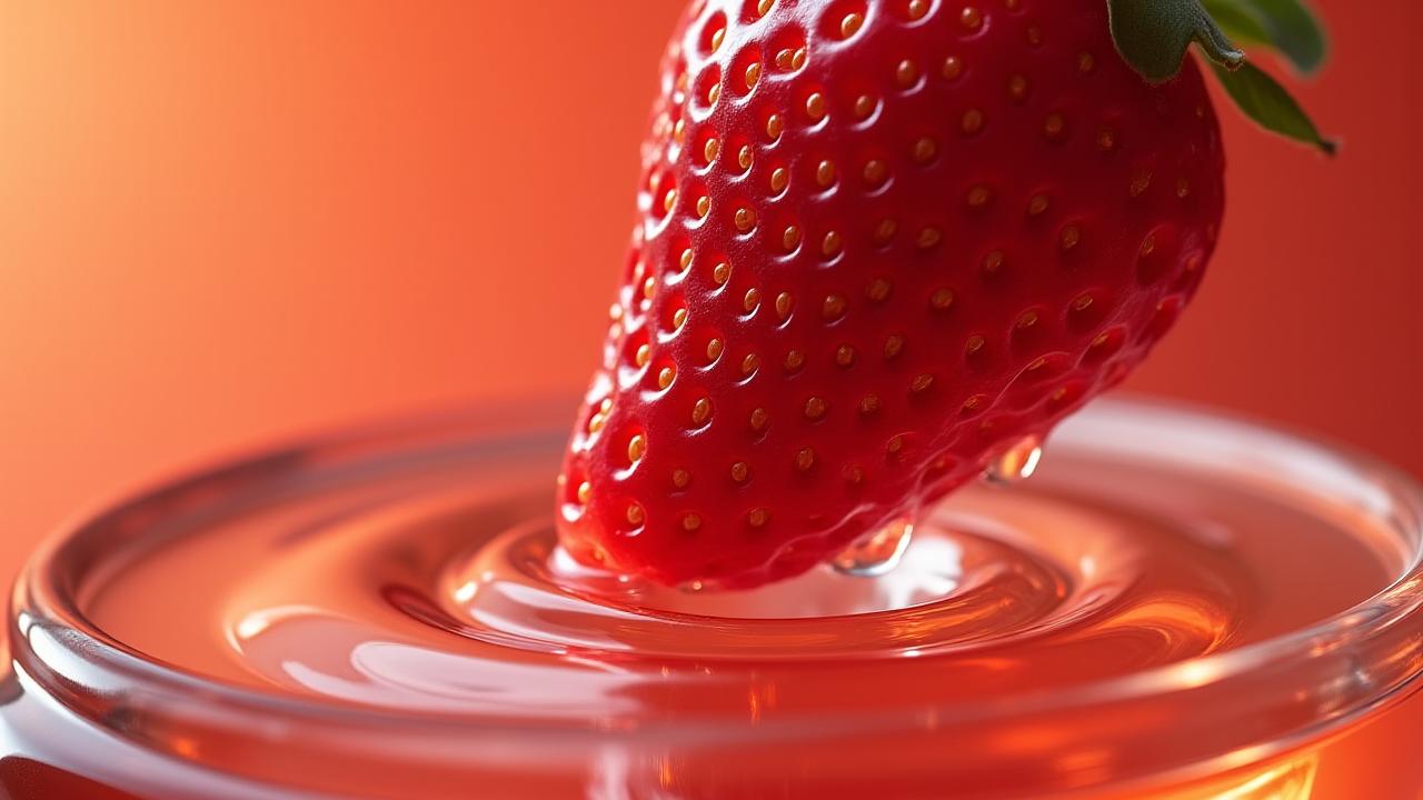 Abstrakte Nahaufnahme einer Erdbeere, die in luxuriöse Parfümflüssigkeit taucht, umgeben von eleganten Blasen.