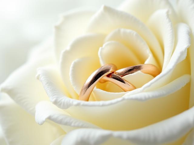 Hochzeitsringe auf einem Blumenstrauß