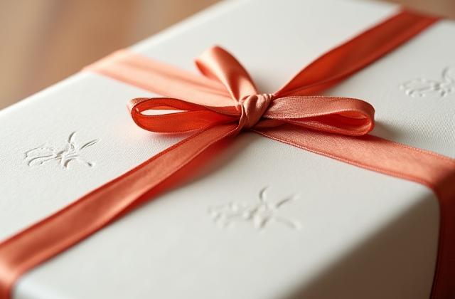 Nahaufnahme einer eleganten Geschenkverpackung mit Oasenparfum Logo und Seidenband