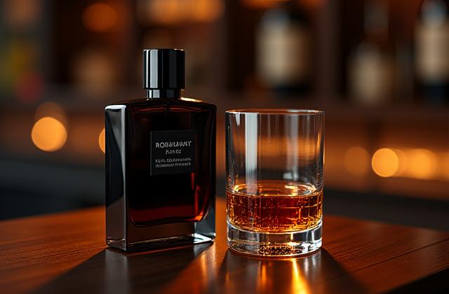 Elegante Parfümflasche neben einem Glas Cognac oder Whisky