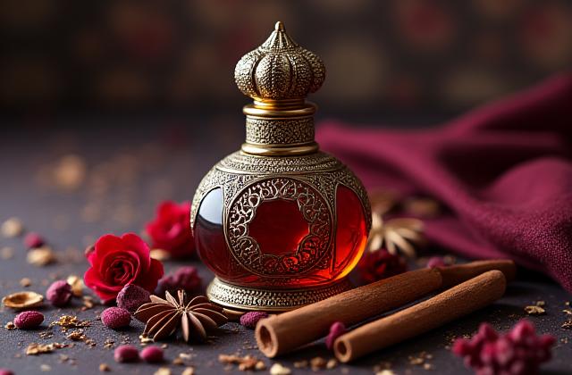 Oud-Parfümflasche mit orientalischem Muster und Gewürzen