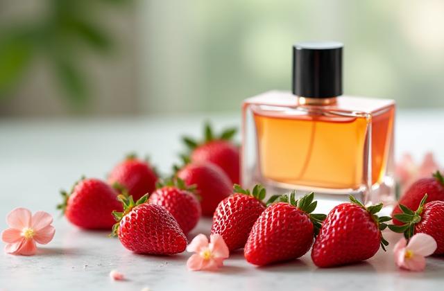 Erdbeer-Parfümflasche umgeben von frischen Erdbeeren und Blüten