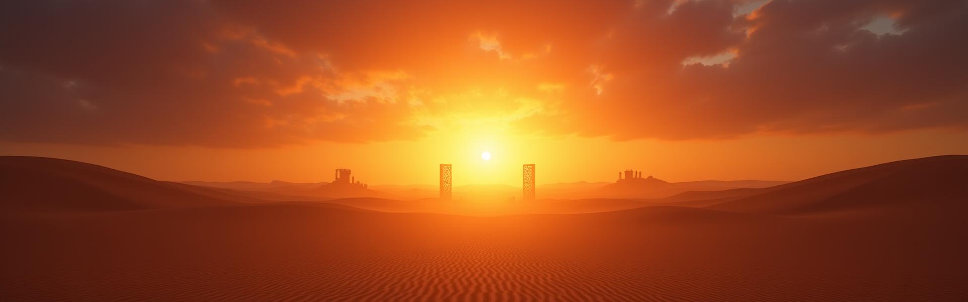 Stimmungsvolle Wüstenlandschaft bei Sonnenuntergang mit opulentem arabischem Dekor