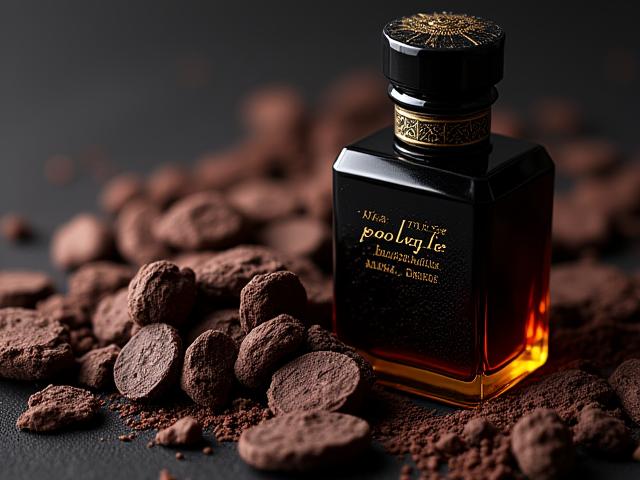 Nahaufnahme von Agarholz (Oud) und einem eleganten Flakon