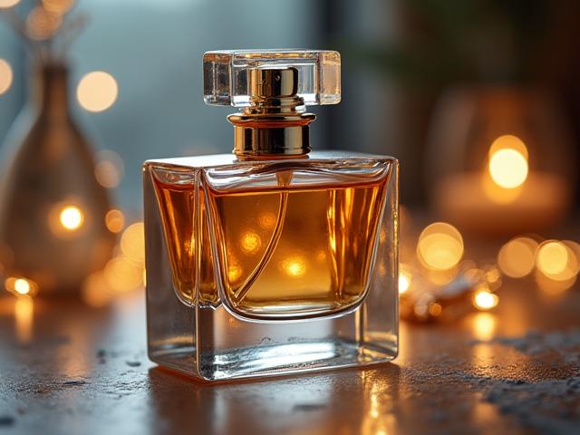 Nahaufnahme eines luxuriösen Parfümflakons mit goldenen Akzenten und sichtbarer Textur des Glases.