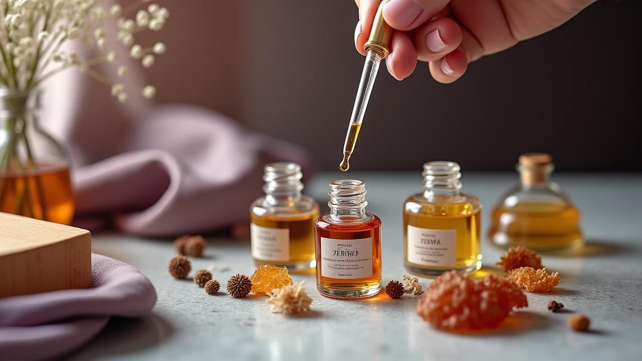 Eine elegante, fast laborähnliche Szene mit Pipetten, kleinen Flakons und einzelnen Duft-Ingredienzien, die Personalisiertes Parfüm symbolisieren.